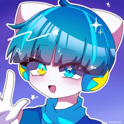 Rule 34 | 1boy, blue hair, blue theme, copyright request, gloves, headphones, heterochromia, highres, looking at viewer, piporoid, rinesu0731, smile, white gloves