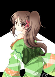 Rule 34 | 10s, 1girl, amagi (kancolle), bare shoulders, blush, bow, breasts, brown eyes, brown hair, chize, clothes down, cowboy shot, expressionless, flower, from behind, from side, furisode, grey hair, hair between eyes, hair flower, hair ornament, japanese clothes, jitome, kantai collection, kimono, large breasts, long hair, long sleeves, looking at viewer, looking back, mole, no bra, obi, off shoulder, orange eyes, parted bangs, ponytail, sash, side ponytail, sideboob, sleeves past wrists, solo, swept bangs, wavy hair, wide sleeves