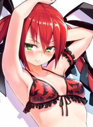 Rule 34 | 1girl, 3:, 3:&lt;, animal print, arm garter, armpits, arms up, bare shoulders, bat print, bikini, blush, breasts, frilled bikini, frills, front-tie bikini top, front-tie top, green eyes, hair ribbon, hawe king, long hair, looking at viewer, medium breasts, original, pout, print bikini, red bikini, red hair, ribbon, shadow, simple background, solo, string bikini, swimsuit, twintails, upper body, v-shaped eyebrows, wavy mouth, white background