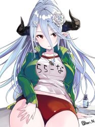 Rule 34 | 1girl, alternate costume, blue hair, bottle, breasts, buruma, draph, flower, granblue fantasy, green jacket, gym shirt, hair between eyes, hair flower, hair ornament, hairclip, highres, hip focus, horns, izmir, jacket, large breasts, long hair, looking to the side, mole, mole under mouth, name tag, nino (shira), pointy ears, ponytail, red buruma, red eyes, shirt, simple background, sitting, smile, snowflake hair ornament, solo, track jacket, very long hair, whistle, white background, white shirt