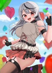 Rule 34 | 1girl, 9696k, absurdres, bare shoulders, grey hair, highres, hololive, long hair, looking at viewer, multicolored hair, open mouth, sakamata chloe, smile, solo, streaked hair, virtual youtuber