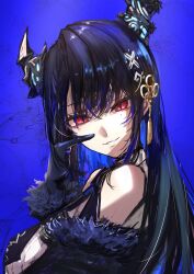 Rule 34 | 1girl, absurdres, asymmetrical horns, black hair, blue background, blue hair, clothing cutout, colored inner hair, fur trim, gloves, hair ornament, highres, hololive, hololive english, horns, looking at viewer, multicolored hair, nerissa ravencroft, nerissa ravencroft (1st costume), parted lips, red eyes, shirt, shoulder cutout, smile, solo, uneven horns, upper body, virtual youtuber, white shirt, x hair ornament, yagi0illust