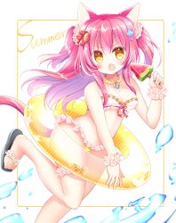 Rule 34 | 1girl, animal ear fluff, animal ears, bare shoulders, bikini, black footwear, blush, breasts, bridal garter, cat ears, cat girl, cat tail, cleavage, commentary request, english text, fang, flower, food, frilled bikini, frills, hair between eyes, hair flower, hair ornament, highres, holding, holding food, innertube, long hair, looking at viewer, medium breasts, mismatched bikini, open mouth, original, popsicle, purple hair, red flower, sandals, scrunchie, shell hair ornament, shikito (yawa0w0), solo, splashing, standing, standing on one leg, starfish hair ornament, swim ring, swimsuit, tail, two side up, v-shaped eyebrows, very long hair, water, watermelon bar, white background, white bikini, white flower, white scrunchie, wrist scrunchie, yellow bikini, yellow eyes
