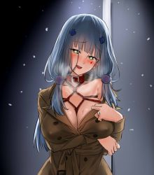Rule 34 | bdsm, bishi (bishi), blush, bondage, bound, breasts, cleavage, coat, collar, covered erect nipples, girls&#039; frontline, green eyes, hair ornament, heart, heart-shaped pupils, heavy breathing, highres, hk416 (girls&#039; frontline), jewelry, large breasts, long hair, off shoulder, open mouth, ring, scope, shibari, shibari under clothes, silver hair, slave, smile, solo, sweat, symbol-shaped pupils, tattoo, teardrop, trench coat