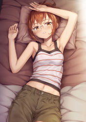 Rule 34 | 10s, 1girl, armpits, arms up, bare arms, bare shoulders, bed sheet, blush, breasts, brown eyes, brown hair, brown shorts, camisole, chio-chan no tsuugakuro, collarbone, commentary request, fingernails, glasses, hand on own head, head tilt, highres, looking at viewer, lying, midriff, miyamo chio, navel, on back, parted lips, pillow, revision, short hair, short shorts, shorts, small breasts, solo, striped, striped camisole, sweat, tomifumi, white camisole