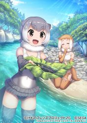Rule 34 | 2girls, ^ ^, beniimo danshaku, blush, brown hair, brown legwear, closed eyes, closed mouth, company name, copyright name, day, facing viewer, fish, grey hair, grey legwear, holding, holding leaf, japanese otter (kemono friends), kemono friends, kemono friends 3, kemono friends 3: planet tours, leaf, looking at viewer, multicolored hair, multiple girls, official art, one-piece swimsuit, open mouth, outdoors, short hair, small-clawed otter (kemono friends), smile, stirrup legwear, swimsuit, thighhighs, toeless legwear, two-tone hair, wading