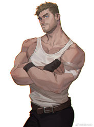 Rule 34 | 1boy, amo (amo9612), artist name, bandages, bara, belt, blue eyes, brown hair, chest hair, crossed arms, facial hair, gloves, highres, looking at viewer, male focus, manly, muscular, muscular male, original, pants, pectorals, scar, scar on face, stubble, tank top, thick arms