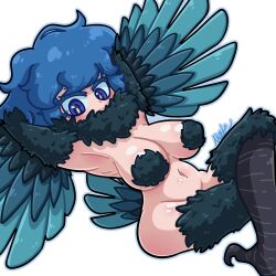 Rule 34 | 1girl, arms behind head, artist name, bird legs, bird tail, black feathers, black wings, blue eyes, blue hair, breasts, crossed legs, feathered wings, feathers, harpy, highres, large breasts, long hair, looking at viewer, matz0306, monster girl, navel, neck fur, nude, original, sepia lazely (matzsocks), simple background, tail, talons, white background, winged arms, wings