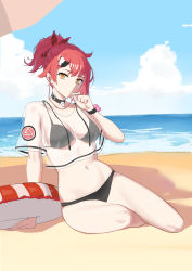 Rule 34 | 1girl, absurdres, beach, beach umbrella, bikini, black bikini, black choker, breasts, candy, choker, closed mouth, collarbone, copper, food, girls&#039; frontline, hair ornament, hair ribbon, hairclip, hand on floor, headphones, highres, holding, holding candy, holding food, holding lollipop, legs, lollipop, long hair, looking at viewer, medium breasts, mouth hold, mp7 (girls&#039; frontline), mp7 (lollipop ammo) (girls&#039; frontline), navel, ocean, official alternate costume, orange eyes, ponytail, red hair, ribbon, see-through, short ponytail, sitting, solo, swimsuit, umbrella, whistle, whistle around neck