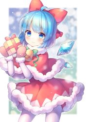 Rule 34 | 1girl, ahoge, bell, blue eyes, blue hair, blue wings, blurry, blurry background, blush, bow, box, brown mittens, capelet, cirno, closed mouth, coa (chroo x), commentary request, depth of field, detached wings, dress, fur-trimmed capelet, fur-trimmed dress, fur-trimmed mittens, fur trim, gift, gift box, green bow, hair bow, holding, holding gift, ice, ice wings, long sleeves, looking at viewer, mittens, pantyhose, red bow, red capelet, red dress, smile, solo, standing, touhou, white pantyhose, wings