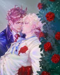 Rule 34 | 2boys, ascot, battle tendency, blonde hair, blood, blood on clothes, blue eyes, brown hair, caesar anthonio zeppeli, crying, crying with eyes open, facial mark, flower, formal, gloves, green eyes, hand on another&#039;s neck, homil22, injury, jojo no kimyou na bouken, joseph joestar, joseph joestar (young), male focus, multiple boys, necktie, red flower, red rose, rose, rose bush, sad, tears, wing collar