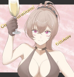 Rule 34 | 1girl, absurdres, anniversary, azur lane, bare shoulders, black dress, black gloves, blush, breasts, brown hair, champagne flute, cleavage, co-de, collarbone, congratulations, cup, dress, drinking glass, gloves, highres, jean bart (azur lane), jean bart (uninhibited bloodstone) (azur lane), large breasts, long hair, looking at viewer, ponytail, purple eyes, sleeveless, sleeveless dress, solo, upper body