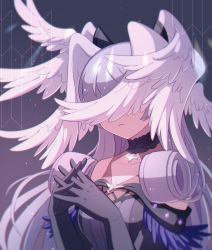 Rule 34 | 1girl, absurdres, black background, black dress, closed mouth, covered eyes, dress, elbow gloves, enni, gloves, grey hair, head wings, highres, melia antiqua, o-ring, simple background, solo, white wings, wings, xenoblade chronicles (series), xenoblade chronicles 3
