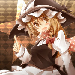 Rule 34 | 1girl, blonde hair, bow, braid, brown eyes, checkered background, female focus, hair bow, hat, kirisame marisa, long hair, open mouth, perfect cherry blossom, scarf, shiroino (shirayuki mutsuki), solo, star (symbol), touhou, upper body, witch, witch hat, yellow eyes