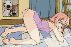 Rule 34 | 1girl, :3, absurdres, all fours, ass, bed, breasts, cat, dog, flcl, green eyes, haruhara haruko, highres, looking at viewer, naked towel, orange hair, pantsu-ripper, pillow, poster (object), short hair, solo, thighs, top-down bottom-up, towel