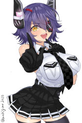 Rule 34 | 1girl, black gloves, breast pocket, breasts, chamumi (mochiumee), checkered necktie, eyepatch, gloves, headgear, high-waist skirt, highres, kantai collection, large breasts, looking at viewer, necktie, open mouth, pocket, pointing, purple hair, shirt, skirt, sleeveless, sleeveless shirt, smile, solo, tenryuu (kancolle), tenryuu kai ni (kancolle), thighhighs, twitter username, white background, white shirt, yellow eyes