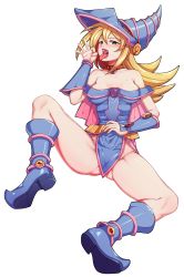 Rule 34 | 1girl, absurdres, blonde hair, blue eyes, blush stickers, boots, breasts, dark magician girl, full body, gluteal fold, groin, half-closed eyes, hand gesture, hat, highres, naughty face, no panties, open mouth, pelvic curtain, saliva, sexually suggestive, skirt, spread legs, tongue, tongue out, vambraces, yu-gi-oh!