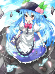Rule 34 | 1girl, blue hair, boots, bow, dress, female focus, food, fruit, full body, geokinesis, hat, hinanawi tenshi, long hair, open mouth, outdoors, peach, red eyes, ribbon, rock, sky, solo, touhou, uumenn