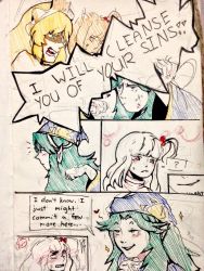 Rule 34 | blonde hair, blue capelet, blush, capelet, colored pencil (medium), comic, english text, graphite (medium), green eyes, green hair, hair bobbles, hair intakes, hair ornament, hand on own chin, hat, hat ribbon, heart, highres, long hair, long sleeves, maid headdress, mima (touhou), multiple girls, mystic square, open mouth, realcivicrose, ribbon, shinki (touhou), side ponytail, silver hair, sketch, smile, smug, sparkle, speech bubble, touhou, touhou (pc-98), traditional media, white ribbon, yellow eyes, yumeko (touhou)