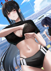 Rule 34 | 2girls, adjusting breasts, black bra, black buruma, black hair, black shirt, blue archive, blue eyes, blush, bottle, bra, breasts, bright pupils, buruma, commentary request, day, halo, highres, holding, holding bottle, large breasts, long hair, looking at viewer, multiple girls, navel, outdoors, part, parted lips, ponytail, red eyes, rio (blue archive), shirt, solo focus, stomach, underwear, white pupils, yamikyon, yuuka (blue archive), yuuka (track) (blue archive)