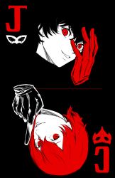 Rule 34 | 10s, 2boys, akechi gorou, amamiya ren, black background, black hair, card (medium), commentary, cropped neck, gloves, grin, hair between eyes, hand over eye, highres, looking at viewer, male focus, mask, multiple boys, parted lips, persona, persona 5, red eyes, red hair, simple background, smile, symmetry, uncle skellyman, upside-down