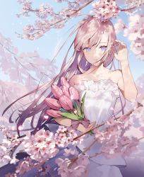 Rule 34 | 1girl, ahoge, bare shoulders, blue eyes, bouquet, bow, branch, cherry blossoms, closed mouth, cowboy shot, dress, flower, hand up, highres, holding, holding flower, kitada mo, layered dress, long hair, looking at viewer, original, petals, pink flower, pink hair, solo, standing, strapless, strapless dress, tulip, very long hair, white dress, wind