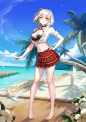 Rule 34 | 1991 (blz), 1girl, alternate costume, barefoot, beach, bikini, bikini under clothes, bird, black bikini, blush, boardwalk, breasts, cleavage, clenched teeth, commission, contrapposto, cosplay, dock, embarrassed, fate/grand order, fate (series), feathers, flower, forest, hand on own hip, highres, jeanne d&#039;arc (fate), jeanne d&#039;arc alter (fate), jeanne d&#039;arc alter (swimsuit berserker) (fate), jeanne d&#039;arc alter (swimsuit berserker) (fate) (cosplay), nature, navel, ocean, open clothes, open shirt, palm tree, plaid, plaid skirt, shirt, shore, short hair, skirt, solo, strap gap, swimsuit, swimsuit under clothes, teeth, thighs, tied shirt, tree, water, white shirt, yellow eyes