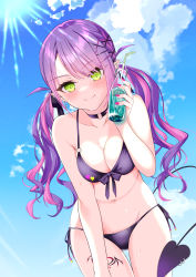 Rule 34 | 1girl, 3ki9709, absurdres, bikini, blush, breasts, choker, cleavage, cloud, demon tail, drinking straw, ear piercing, earrings, from below, glass bottle, green eyes, hair ornament, hairclip, highres, hololive, jewelry, leg tattoo, long hair, medium breasts, midriff, navel, piercing, purple hair, sky, smile, solo, summer, sunlight, swimsuit, tail, tail ornament, tail piercing, tattoo, tokoyami towa, twintails, virtual youtuber