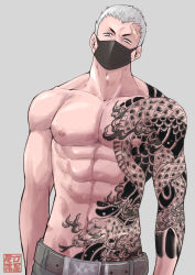 Rule 34 | 1boy, abs, artist name, bara, belt, biceps, grey background, large pectorals, looking at viewer, male focus, manly, mask, mouth mask, muscular, muscular male, navel, nipples, original, owariya ranko, pants, pectoral cleavage, pectorals, solo, tattoo, topless male, white hair, yellow eyes