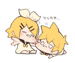 Rule 34 | 1boy, 1girl, afterimage, baby, black collar, blonde hair, blush stickers, bow, brother and sister, cheek pull, chibi, collar, collared dress, commentary, crying, dress, fighting, furrowed brow, hair bow, hair ornament, hairclip, kagamine len, kagamine rin, kitsune no ko, lying, on stomach, sailor collar, short hair, siblings, sitting, solid circle eyes, spiked hair, tears, translated, twins, twitter username, vocaloid, waving arms, white background, white bow, white dress