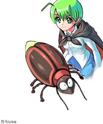 Rule 34 | 1girl, absurdres, black cape, cape, closed mouth, collared shirt, commentary, dated, english commentary, green eyes, green hair, highres, multiple views, profitshame, shirt, short hair, signature, simple background, smile, touhou, white background, white shirt, wriggle nightbug, wriggle nightbug (bug)