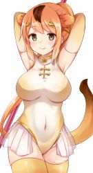 Rule 34 | 10s, 1girl, animal ears, arm behind head, armpits, arms up, blush, breasts, brown eyes, chiune (yachi), circlet, covered navel, elbow gloves, gloves, golden snub-nosed monkey (kemono friends), groin, highleg, highleg leotard, highres, holding, holding staff, kemono friends, large breasts, leotard, long hair, monkey, monkey ears, monkey tail, orange hair, ponytail, simple background, skirt, sleeveless, smile, solo, staff, tail, thighhighs, white background