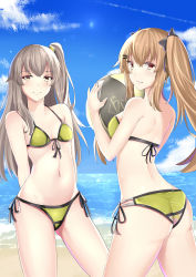 Rule 34 | 2girls, absurdres, alternate costume, arikawa rui, arms behind back, ass, ball, beachball, bikini, blue sky, blush, breasts, brown eyes, brown hair, closed mouth, cloud, day, girls&#039; frontline, groin, hair between eyes, hair ornament, highres, holding, holding ball, holding beachball, long hair, looking at viewer, medium breasts, multiple girls, navel, ocean, one side up, outdoors, parted lips, sand, scar, scar across eye, scar on face, siblings, side-tie bikini bottom, sisters, sky, small breasts, smile, stomach, swimsuit, thighs, twins, twintails, ump45 (girls&#039; frontline), ump9 (girls&#039; frontline), yellow eyes