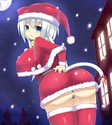 Rule 34 | 1girl, :o, animal ears, ass, bell, blue eyes, blush, breasts, capelet, cat ears, cat tail, christmas, collar, cowboy shot, felt whitesnow, highres, huge breasts, looking at viewer, neck bell, open mouth, original, outdoors, panties, santa costume, sawati, short hair with long locks, snowing, solo, striped clothes, striped panties, tail, thighhighs, thighs, underwear, white hair