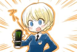 Rule 34 | 1girl, @ @, black necktie, blonde hair, blue eyes, blue sweater, blush, braid, can, collared shirt, commentary, darjeeling (girls und panzer), dress shirt, drink can, emblem, emphasis lines, energy drink, girls und panzer, hand on own hip, holding, holding can, inumoto, long sleeves, looking at viewer, monster energy, necktie, open mouth, orange outline, ringed eyes, saliva, school uniform, shirt, short hair, smile, soda can, solo, st. gloriana&#039;s school uniform, standing, sweater, swept bangs, translated, upper body, v-neck, v-shaped eyebrows, white shirt, wing collar