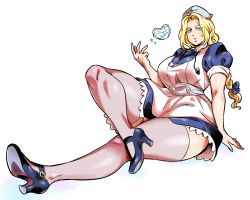 Rule 34 | 1girl, alternate costume, alternate hairstyle, blonde hair, blue dress, blue eyes, blue footwear, blue ribbon, braid, braided ponytail, breasts, buttons, curvy, doboshiru, dress, full body, hat, high heels, highres, ice, kolin, large breasts, lips, long hair, looking at viewer, nurse, nurse cap, parted lips, ribbon, simple background, sitting, skirt, solo, stethoscope, street fighter, street fighter v, thick thighs, thighhighs, thighs, white background, white thighhighs, wide hips