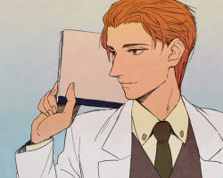 Rule 34 | 1boy, book, brown eyes, brown hair, brown necktie, closed mouth, coat, grey background, holding, holding book, kurosuke (nora), lab coat, long sleeves, looking away, looking to the side, male focus, necktie, open clothes, open coat, orange hair, red eyes, roj nemennuh sarton, shirt, simple background, sketch, smile, the caves of steel, upper body, white shirt, wing collar