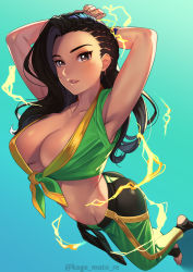 Rule 34 | 1girl, absurdres, armpits, arms behind head, arms up, artist name, black hair, brazil, breasts, brown eyes, cleavage, collarbone, commentary request, dark-skinned female, dark skin, electricity, fingernails, front-tie top, gradient background, highres, kagematsuri, laura matsuda, looking at viewer, medium breasts, midriff, pants, parted bangs, parted lips, shiny clothes, shiny skin, simple background, smile, solo, street fighter, street fighter v, toes, twitter username