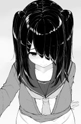 Rule 34 | 1girl, arm support, black hair, blunt bangs, blush, breasts, character request, closed mouth, collarbone, copyright request, greyscale, hair ornament, hair over one eye, highres, monochrome, neckerchief, sailor collar, school uniform, side ponytail, simple background, single horizontal stripe, smile, solo, sweater, upper body, x hair ornament, yukichi (sukiyaki39)