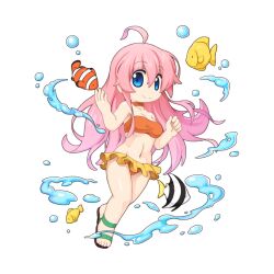Rule 34 | 1girl, ahoge, bandeau, bikini, black footwear, blue eyes, breasts, bubble, chibi, choker, closed mouth, fish, full body, goldfish, long hair, looking at viewer, medium breasts, navel, official art, orange bandeau, orange bikini, orange choker, pink hair, ragnarok online, sandals, simple background, smile, solo, split mouth, swimsuit, transparent background, yuichirou