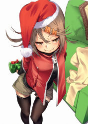 Rule 34 | 1girl, black thighhighs, brown hair, christmas, couch, fu-ta, gift, hair ornament, hairclip, hat, looking at viewer, original, ponytail, santa hat, shorts, simple background, smile, solo, sweater, thighhighs, usami taiga, white background, yellow eyes
