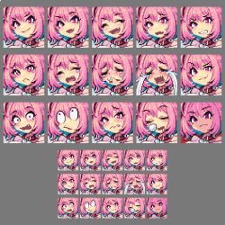 Rule 34 | 1girl, ^ ^, angry, choker, closed eyes, commentary, crying, excited, fang, fang out, idolmaster, idolmaster cinderella girls, looking away, looking up, multiple views, nose bubble, pixel art, portrait, rm (amber owl), sleeping, smirk, smug, surprised, yumemi riamu