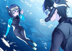 Rule 34 | 1boy, 1girl, air bubble, blue eyes, blue hair, bodysuit, breasts, bubble, commentary, covered navel, diving, diving mask, diving mask on head, diving suit, fish, flippers, goggles, goggles on head, highres, kurebayashi noe, multicolored bodysuit, multicolored clothes, nangoku kanojo to hitotsuyane no shita, official art, ok sign, promotional art, second-party source, shimazaki naia, short hair, skin tight, small breasts, smile, snorkel, snorkel in mouth, snorkel mask, submerged, underwater, wetsuit, yukiashi aoi
