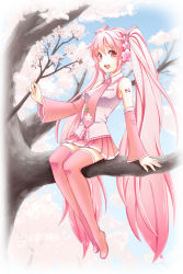 Rule 34 | 1girl, boots, cherry blossoms, detached sleeves, hatsune miku, highres, in tree, karato, long hair, necktie, open mouth, pink eyes, pink hair, sakura miku, sitting, sitting in tree, skirt, solo, thigh boots, thighhighs, tree, twintails, very long hair, vocaloid