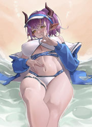 Rule 34 | 1girl, absurdres, animal ears, arknights, bare shoulders, beach, bikini, blue jacket, blush, breasts, brown eyes, closed mouth, clothes writing, covered erect nipples, cow ears, cow girl, cow horns, embarrassed, foreshortening, hand on own stomach, hat, highres, horns, jacket, large breasts, long sleeves, looking away, looking to the side, lying, navel, nervous smile, nose blush, official alternate costume, on back, open clothes, open jacket, purple hair, sama (sama24654684), short hair, sideroca (arknights), smile, solo, stomach, swimsuit, thighs, underboob, visor cap, water, white bikini, white hat