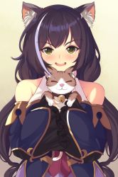 Rule 34 | 1girl, animal, animal ear fluff, animal ears, bare shoulders, bell, black hair, blush, cat, cat ears, collar, collarbone, commentary request, detached sleeves, dress, gradient background, green eyes, highres, holding, holding animal, karyl (princess connect!), long hair, looking at viewer, mizuyoukan (mikususannda), multicolored hair, neck bell, open mouth, princess connect!, sleeveless, sleeveless dress, smile, solo, streaked hair, upper body