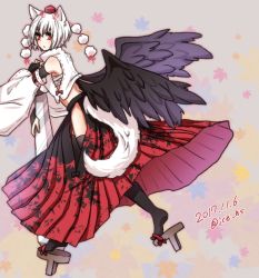 Rule 34 | adapted costume, albino, animal ears, black skirt, black thighhighs, black wings, blush, bridal gauntlets, dated, detached sleeves, feathered wings, from side, full body, geta, grey background, hair between eyes, hand on sword, hat, highres, hip vent, ice (aitsugai), inubashiri momiji, leaf, leaf background, leaf print, long skirt, looking to the side, low wings, parted lips, red eyes, ribbon-trimmed legwear, ribbon-trimmed shirt, ribbon-trimmed sleeves, ribbon trim, sarashi, shirt, short eyebrows, short hair, skirt, solo, sword, tail, tengu-geta, thighhighs, tokin hat, touhou, turtleneck, twitter username, weapon, white hair, white shirt, wide sleeves, wings, wolf ears, wolf tail