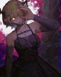 Rule 34 | 1girl, absurdres, antlers, antsplorer, armpits, black choker, black dress, black sleeves, branch, breasts, ceres fauna, ceres fauna (goth), chest strap, choker, detached sleeves, dress, flower, glowing, goth fashion, green hair, hair flower, hair ornament, hair over one eye, heart, heart choker, highres, hololive, hololive english, horns, large breasts, looking at viewer, mole, mole under eye, multicolored hair, o-ring, o-ring choker, official alternate costume, official alternate hairstyle, short hair, sleeveless, solo, tongue, tongue out, tree, tree horns, virtual youtuber, yellow eyes