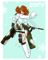 Rule 34 | 1girl, 35mm kde cannon, autocannon, boots, brown hair, camouflage, cannon, chain gun, infantry fighting vehicle, kuroi ken&#039;ichi, kurokkenu, looking back, mecha musume, military, military vehicle, missile launcher, missile pod, mittens, original, outstretched arms, personification, purple eyes, scarf, skirt, solo, spread arms, type 89 ifv, vehicle