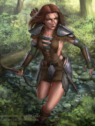 Rule 34 | 1girl, aela the huntress, armlet, armor, arrow (projectile), boots, bow (weapon), bracer, breasts, brown hair, chainmail, dagger, deviantart username, dress, elbow gloves, facepaint, faulds, fingerless gloves, forest, fur trim, gloves, green eyes, highres, knife, leather, nature, patreon username, pauldrons, quiver, realistic, scabbard, sciamano240, sheath, sheathed, short dress, shoulder armor, sideboob, signature, solo, the elder scrolls, the elder scrolls v: skyrim, watermark, weapon, web address